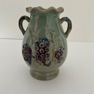 POTTERY RAISED GRAPE DOUBLE FLUTED VASE ~ Marked with Sunrise ~ 7" Tall